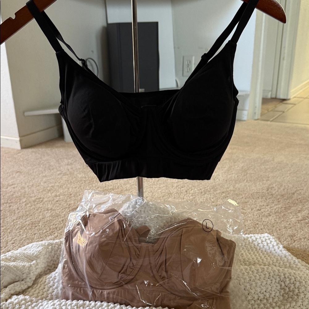 NWT Rhonda Shear L Black and Nude Set Longline Underwire Bra Adj. Straps